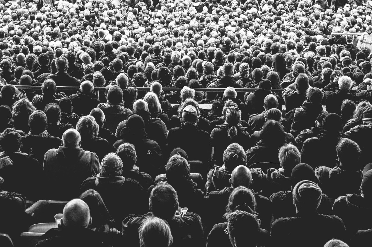 Photo d'une foule compacte, assise et vue de dos assistant attentivement à une scène non visible